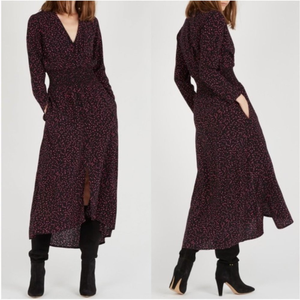 Maje Womens Rosila Shirred Printed Crepe Midi Dress Size 0 3/4 Sleeve Bl…